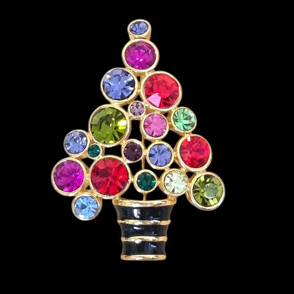 Joan Rivers Multicolor Rhinestone Enamel Christmas Tree Brooch Gold Tone Pin Vtg